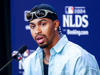 Francisco Lindor #12 of the New York Mets speaks to the media during a press conference before the baseball game against the Philadelphia Ph...