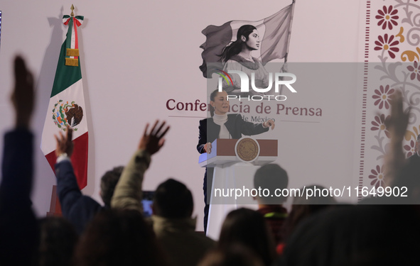 Mexico's first female president, Claudia Sheinbaum Pardo, speaks during a briefing conference, where she presents the National Security Stra...