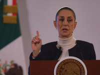 Mexico's first female president, Claudia Sheinbaum Pardo, speaks during a briefing conference, where she presents the National Security Stra...