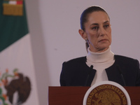 Mexico's first female president, Claudia Sheinbaum Pardo, speaks during a briefing conference, where she presents the National Security Stra...