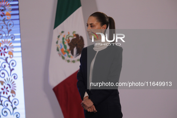 Mexico's first female president, Claudia Sheinbaum Pardo, speaks during a briefing conference, where she presents the National Security Stra...