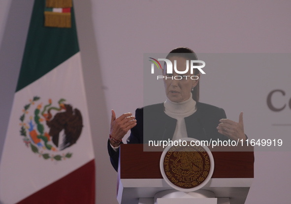 Mexico's first female president, Claudia Sheinbaum Pardo, speaks during a briefing conference, where she presents the National Security Stra...