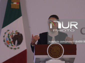 Mexico's first female president, Claudia Sheinbaum Pardo, speaks during a briefing conference, where she presents the National Security Stra...