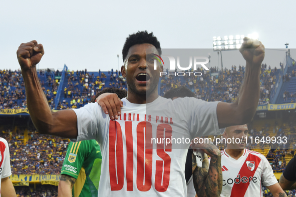 Miguel Borja of River Plate celebrates his team's victory in a Liga Profesional match between Boca Juniors and River Plate at Alberto J. Arm...