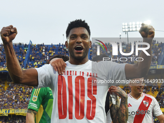 Miguel Borja of River Plate celebrates his team's victory in a Liga Profesional match between Boca Juniors and River Plate at Alberto J. Arm...