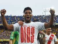 Miguel Borja of River Plate celebrates his team's victory in a Liga Profesional match between Boca Juniors and River Plate at Alberto J. Arm...