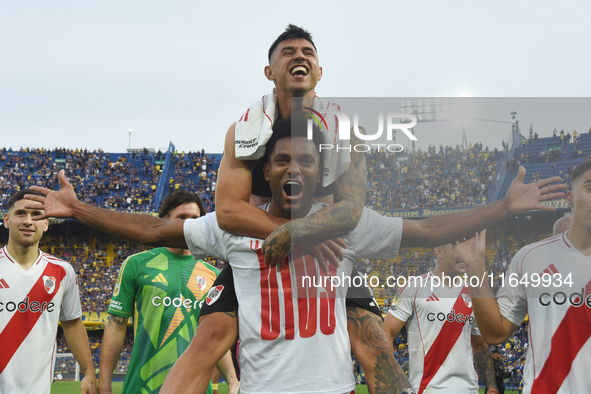 Adam Bareiro and Miguel Borja of River Plate celebrate their team's victory in a Liga Profesional match between Boca Juniors and River Plate...