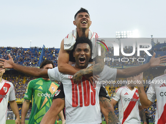 Adam Bareiro and Miguel Borja of River Plate celebrate their team's victory in a Liga Profesional match between Boca Juniors and River Plate...