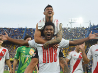 Adam Bareiro and Miguel Borja of River Plate celebrate their team's victory in a Liga Profesional match between Boca Juniors and River Plate...