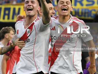 Franco Mastantuono and Claudio Etcheverry of River Plate celebrate their team's victory in a Liga Profesional match between Boca Juniors and...