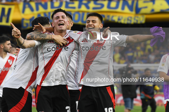 Franco Mastantuono and Claudio Etcheverry of River Plate celebrate their team's victory in a Liga Profesional match between Boca Juniors and...