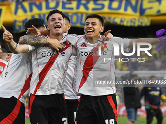 Franco Mastantuono and Claudio Etcheverry of River Plate celebrate their team's victory in a Liga Profesional match between Boca Juniors and...