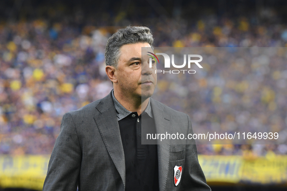 Marcelo Gallardo, manager of River Plate, quietly celebrates his team's victory in a Liga Profesional match between Boca Juniors and River P...