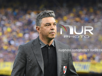 Marcelo Gallardo, manager of River Plate, quietly celebrates his team's victory in a Liga Profesional match between Boca Juniors and River P...