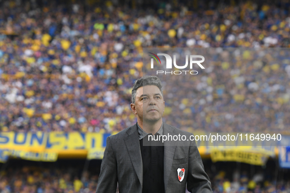 Marcelo Gallardo, manager of River Plate, quietly celebrates his team's victory in a Liga Profesional match between Boca Juniors and River P...