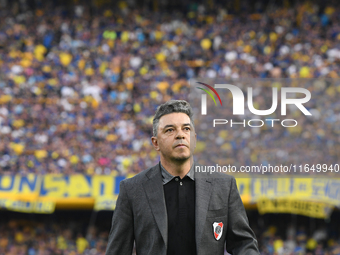 Marcelo Gallardo, manager of River Plate, quietly celebrates his team's victory in a Liga Profesional match between Boca Juniors and River P...