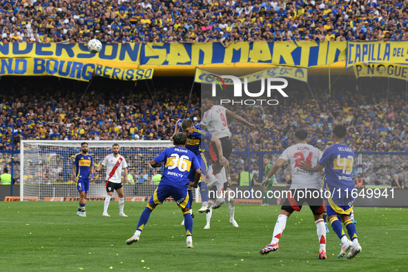 Miguel Borja of River Plate participates in a Liga Profesional match between Boca Juniors and River Plate at Alberto J. Armando Stadium in B...