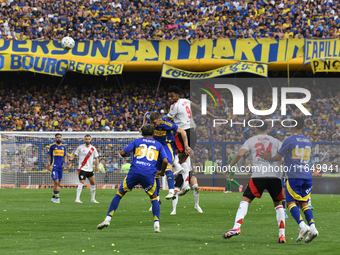 Miguel Borja of River Plate participates in a Liga Profesional match between Boca Juniors and River Plate at Alberto J. Armando Stadium in B...