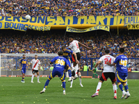 Miguel Borja of River Plate participates in a Liga Profesional match between Boca Juniors and River Plate at Alberto J. Armando Stadium in B...