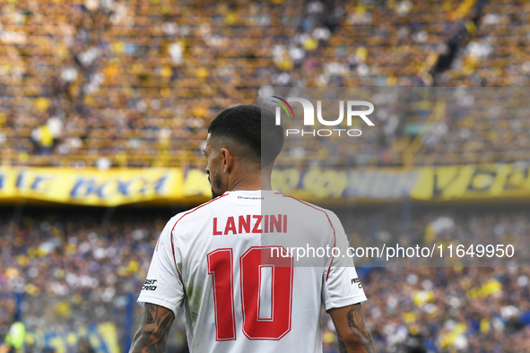 Manuel Lanzini of River Plate participates in a Liga Profesional match between Boca Juniors and River Plate at Alberto J. Armando Stadium in...