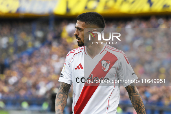 Manuel Lanzini of River Plate participates in a Liga Profesional match between Boca Juniors and River Plate at Alberto J. Armando Stadium in...