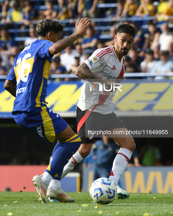 Manuel Lanzini of River Plate participates in a Liga Profesional match between Boca Juniors and River Plate at Alberto J. Armando Stadium in...