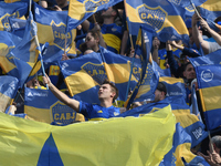 Fans of Boca Juniors cheer for their team before a Liga Profesional match between Boca Juniors and River Plate at Alberto J. Armando Stadium...