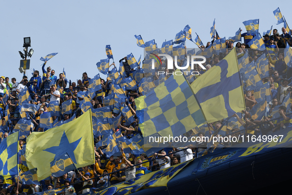 Fans of Boca Juniors cheer for their team before a Liga Profesional match between Boca Juniors and River Plate at Alberto J. Armando Stadium...