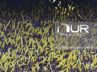 Fans of Boca Juniors cheer for their team before a Liga Profesional match between Boca Juniors and River Plate at Alberto J. Armando Stadium...