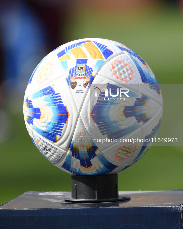 The official match ball is present before a Liga Profesional match between Boca Juniors and River Plate at Alberto J. Armando Stadium in Bue...