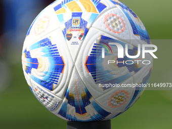 The official match ball is present before a Liga Profesional match between Boca Juniors and River Plate at Alberto J. Armando Stadium in Bue...