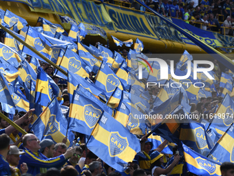 Fans of Boca Juniors cheer for their team before a Liga Profesional match between Boca Juniors and River Plate at Alberto J. Armando Stadium...