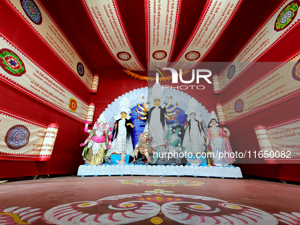 An idol of Durga is seen at a pandal during the Durga Puja festival in Kolkata, India, on October 8, 2024. 