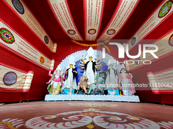 An idol of Durga is seen at a pandal during the Durga Puja festival in Kolkata, India, on October 8, 2024. (