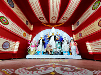 An idol of Durga is seen at a pandal during the Durga Puja festival in Kolkata, India, on October 8, 2024. (