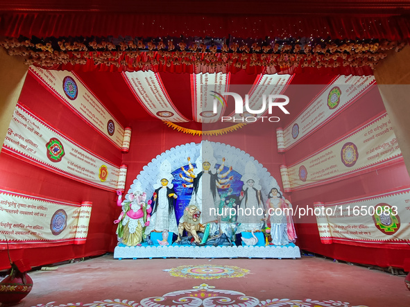 An idol of Durga is seen at a pandal during the Durga Puja festival in Kolkata, India, on October 8, 2024. 