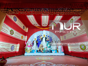 An idol of Durga is seen at a pandal during the Durga Puja festival in Kolkata, India, on October 8, 2024. (