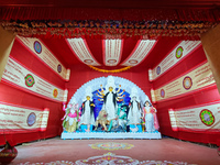 An idol of Durga is seen at a pandal during the Durga Puja festival in Kolkata, India, on October 8, 2024. (