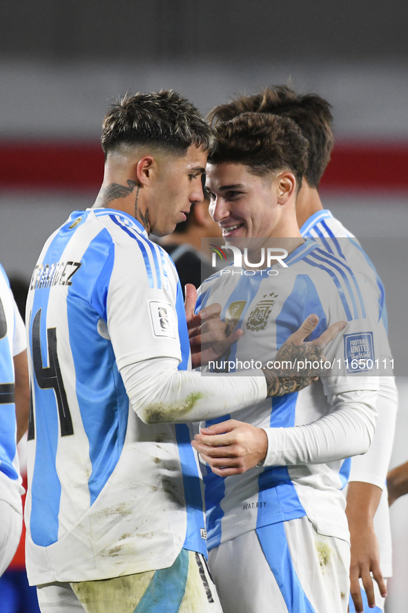 Julian Alvarez and Enzo Fernandez of Argentina celebrate their team's goal during a match between Argentina and Chile at Estadio Mas Monumen...