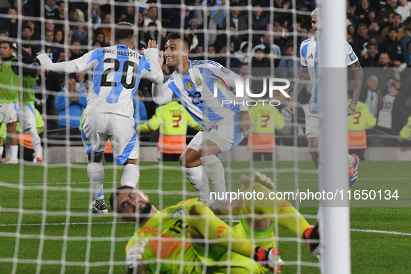 In Buenos Aires, Argentina, on September 5, Alexis Mac Allister and Lautaro Martinez of Argentina celebrate their team's goal during a match...