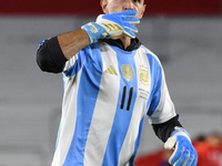 Emiliano Martinez of Argentina stands before a match between Argentina and Chile at Estadio Mas Monumental Antonio Vespucio Liberti in Bueno...