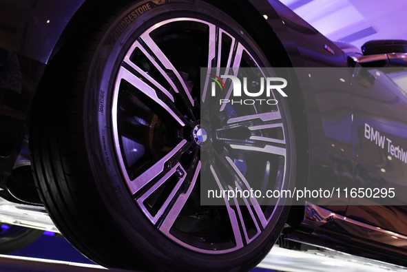 An alloy wheel of a BMW i7 electric car is seen during a press conference of a joint venture between Tata Technologies and BMW Group in Mumb...