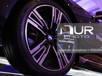 An alloy wheel of a BMW i7 electric car is seen during a press conference of a joint venture between Tata Technologies and BMW Group in Mumb...