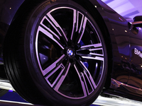 An alloy wheel of a BMW i7 electric car is seen during a press conference of a joint venture between Tata Technologies and BMW Group in Mumb...