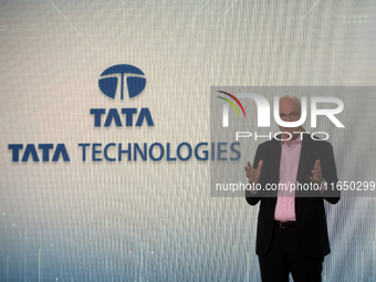 Warren Harris, CEO and MD of Tata Technologies, speaks during a press conference about a joint venture between Tata Technologies and BMW Gro...