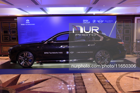 A BMW i7 electric car is seen during a press conference of a joint venture between Tata Technologies and BMW Group in Mumbai, India, on Octo...