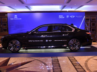 A BMW i7 electric car is seen during a press conference of a joint venture between Tata Technologies and BMW Group in Mumbai, India, on Octo...