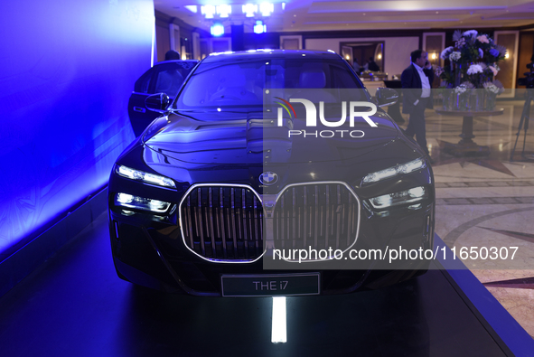 A BMW i7 electric car is seen during a press conference of a joint venture between Tata Technologies and BMW Group in Mumbai, India, on Octo...