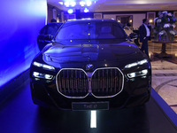 A BMW i7 electric car is seen during a press conference of a joint venture between Tata Technologies and BMW Group in Mumbai, India, on Octo...