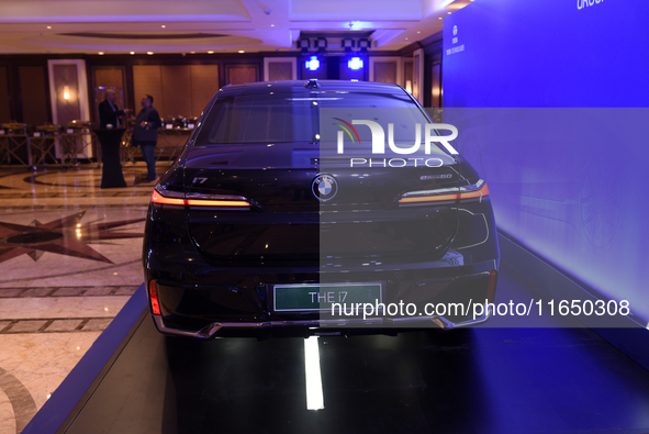 A BMW i7 electric car is seen during a press conference of a joint venture between Tata Technologies and BMW Group in Mumbai, India, on Octo...